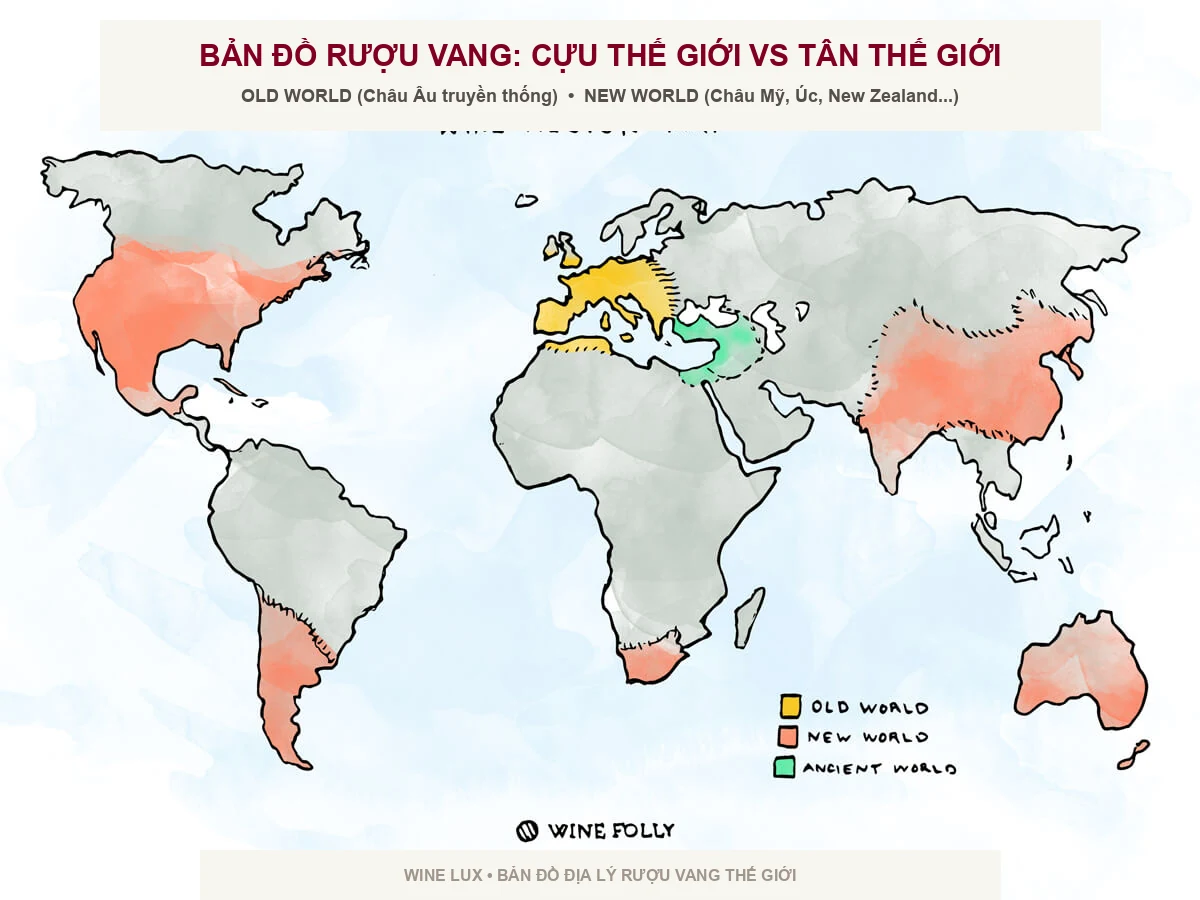 Bản đồ phân định Thế giới Cũ (Old World) vs Thế giới Mới (New World)